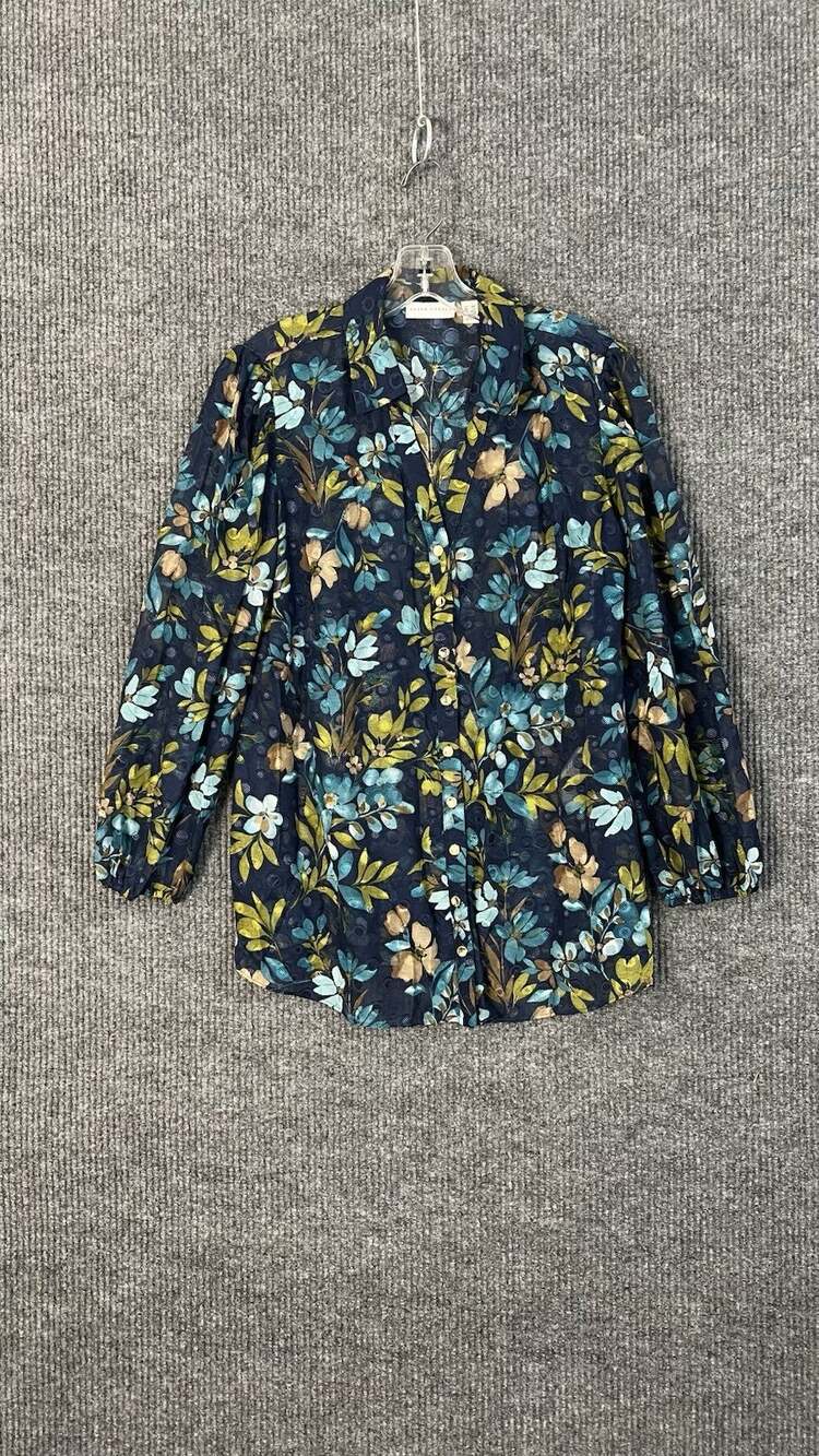 Susan Graver Blouse Womens Medium Petite Blue Floral Sheer Button Front Boho